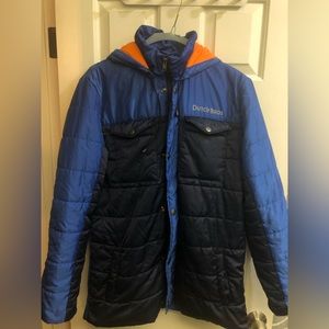 Blue Dutch Bros Idaho Falls puffer jacket, size L